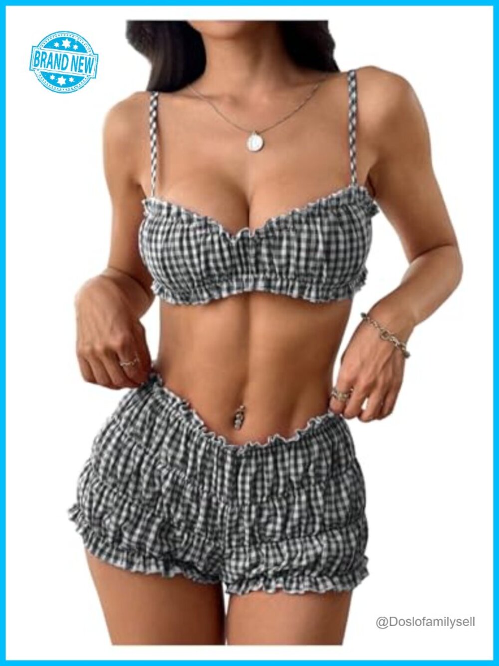 Women's Summer 2-Piece Set Cami & Gingham Shorts Sleeveless Casual